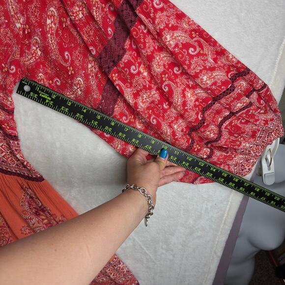 Free People XS Luna Scarf Lacey Print Exaggerated BellSleeve Boho Red Mini Dress - Picture 9 of 16